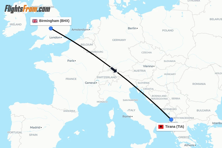 Flights from Birmingham to Tirana route map
