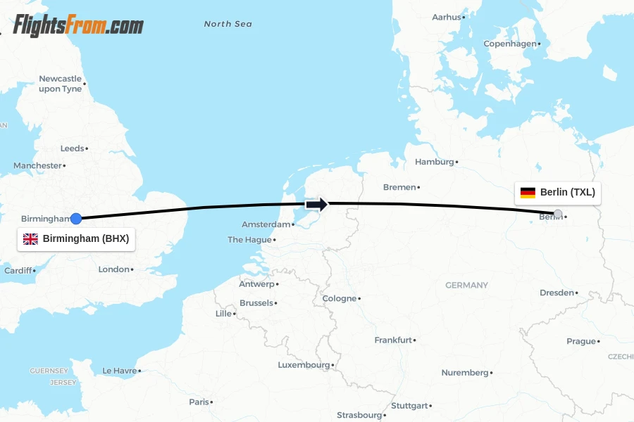 Flights from Birmingham to Berlin route map