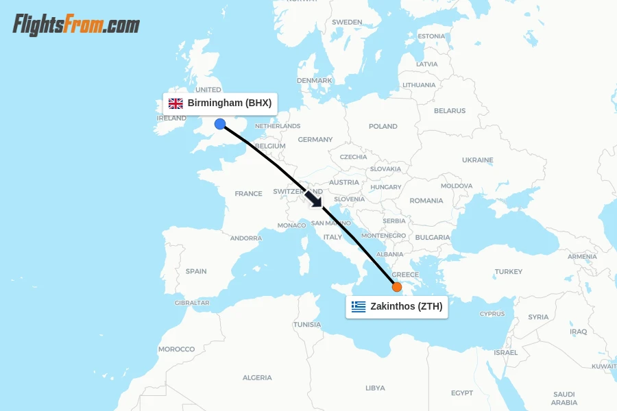 Flights from Birmingham to Zakinthos route map