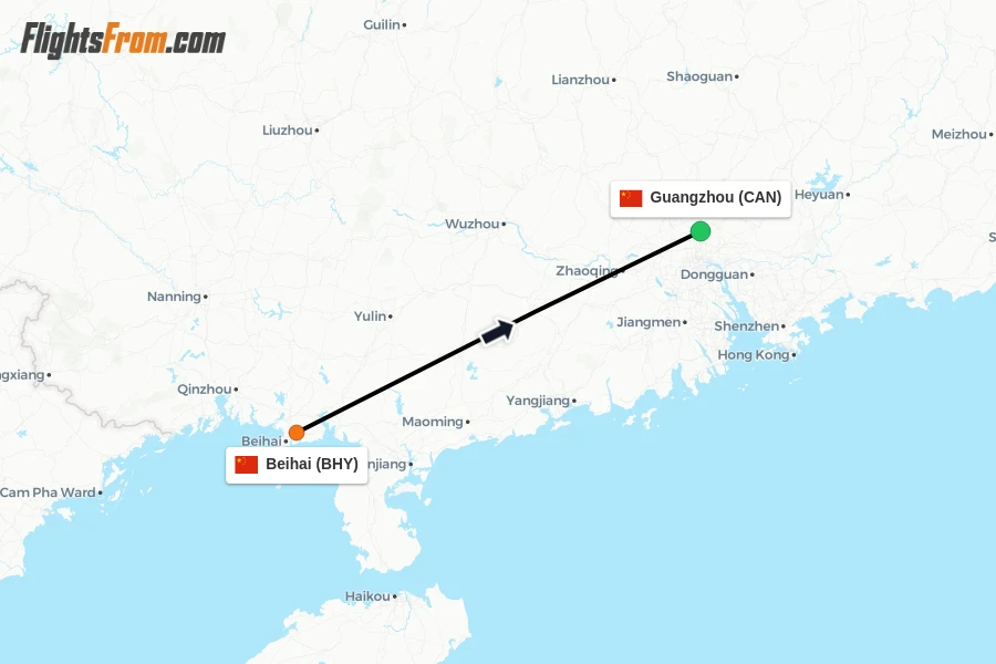 Flights from Beihai to Guangzhou route map
