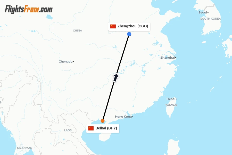 Flights from Beihai to Zhengzhou route map