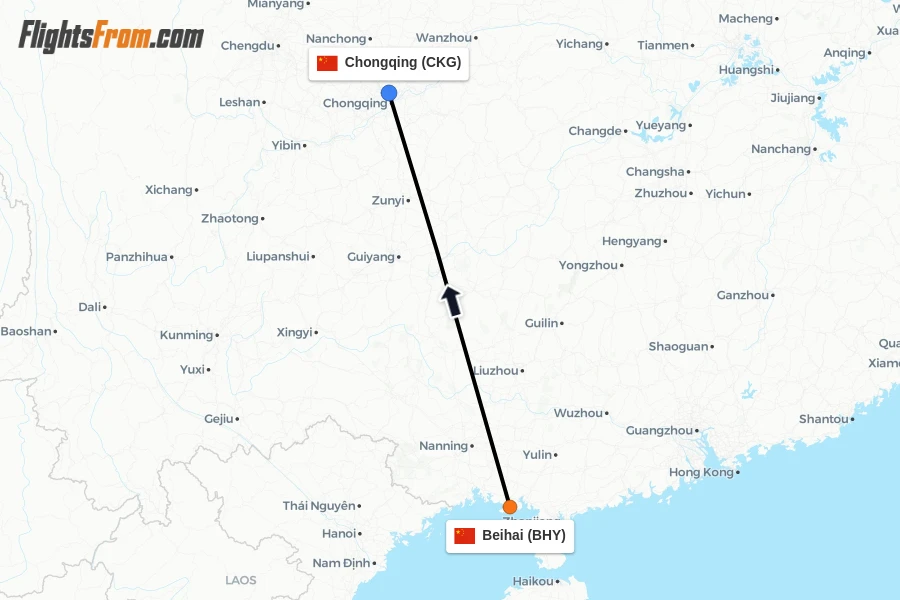 Flights from Beihai to Chongqing route map