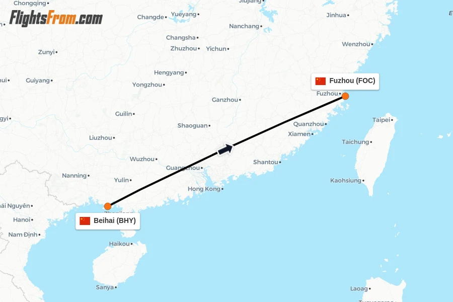 Flights from Beihai to Fuzhou route map