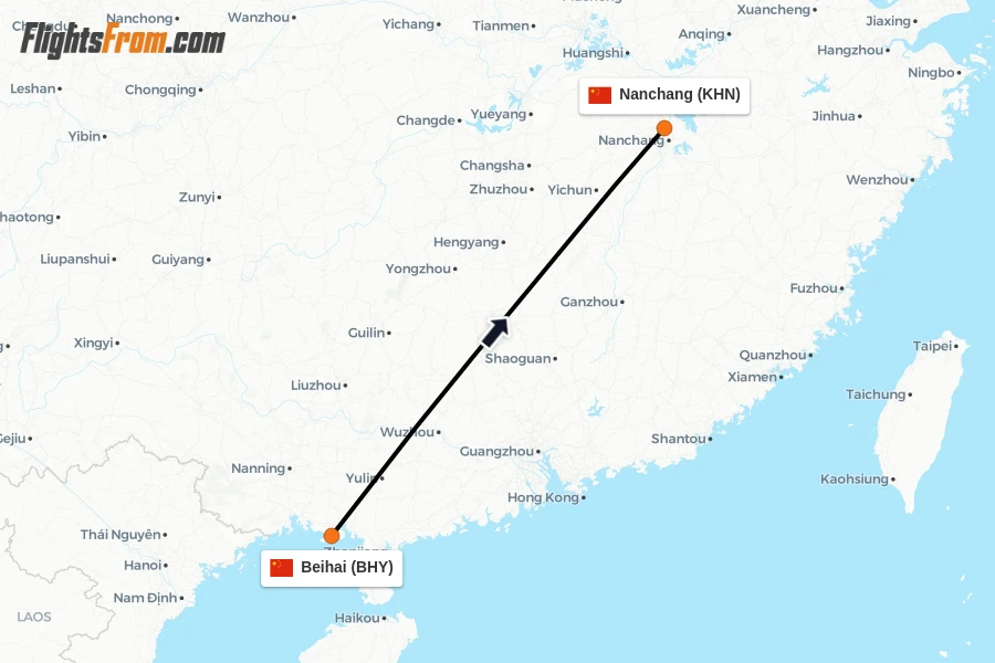 Flights from Beihai to Nanchang route map