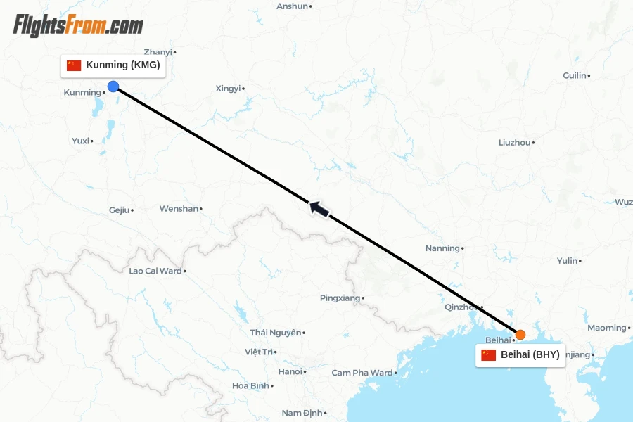 Flights from Beihai to Kunming route map