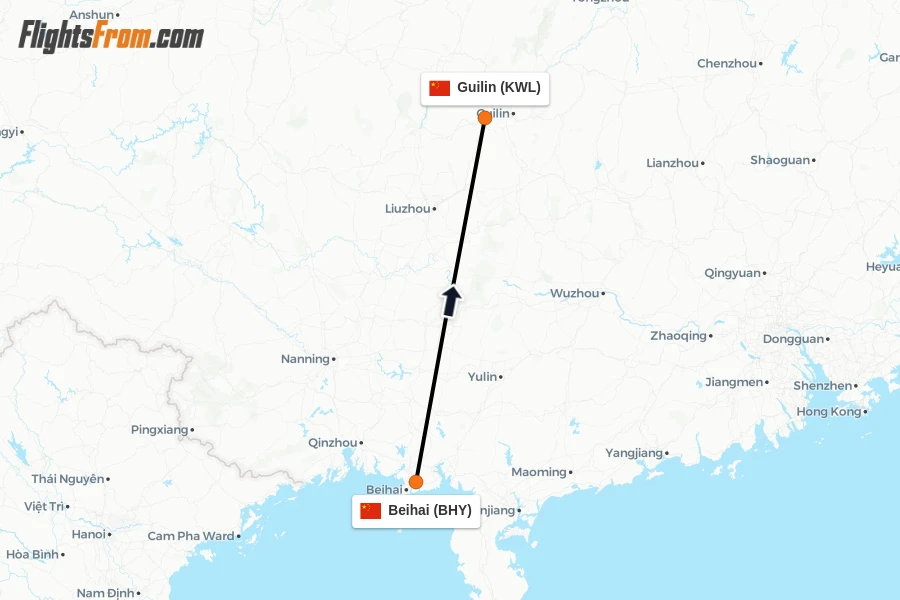Flights from Beihai to Guilin route map
