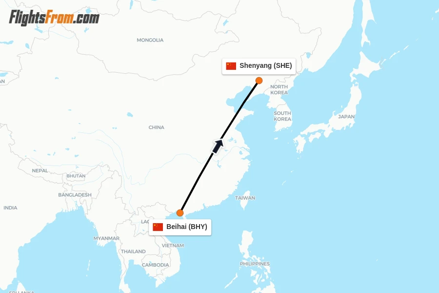 Flights from Beihai to Shenyang route map