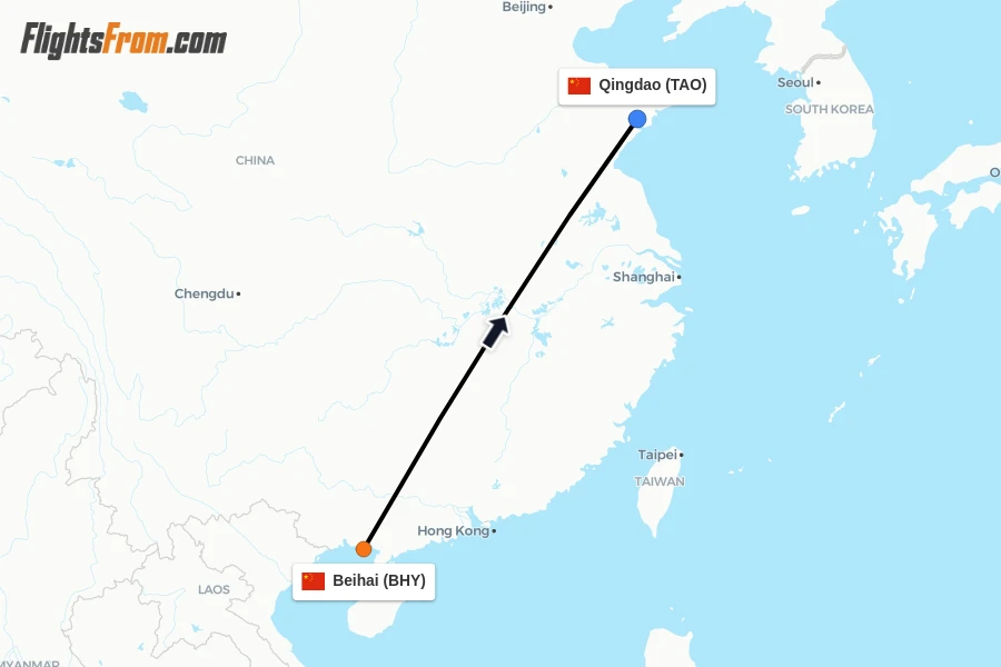 Flights from Beihai to Qingdao route map