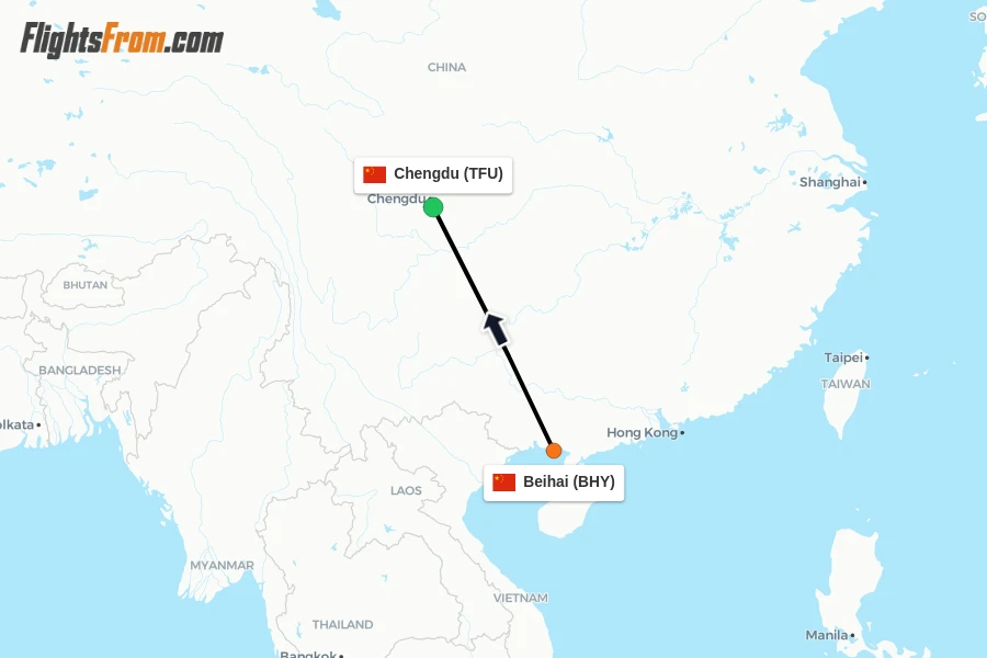 Flights from Beihai to Chengdu route map