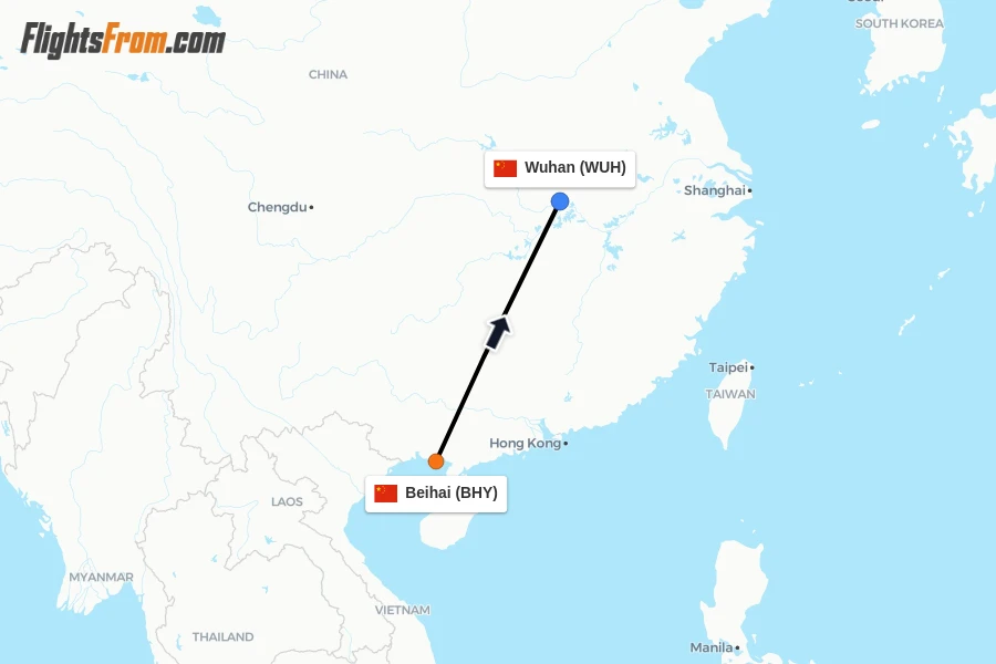 Flights from Beihai to Wuhan route map