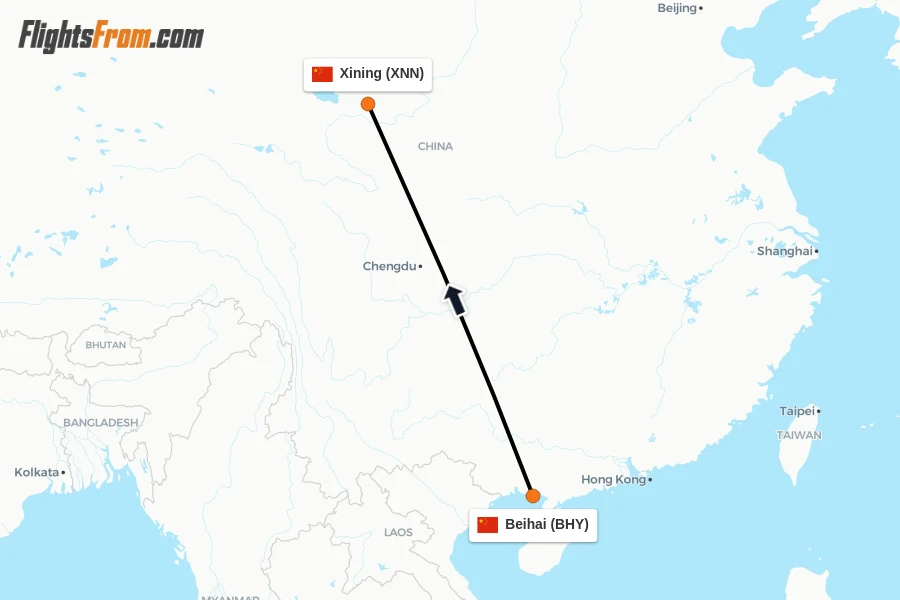 Flights from Beihai to Xining route map