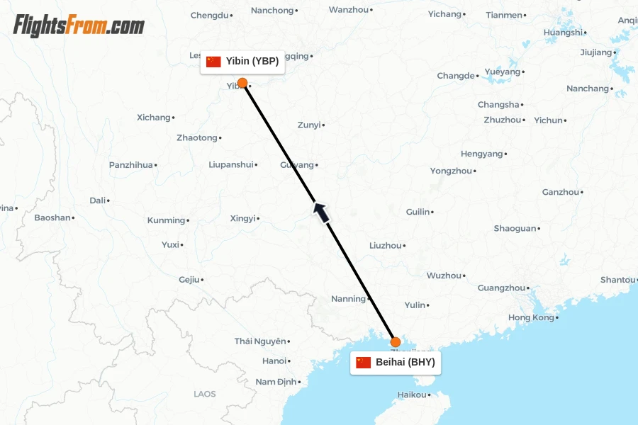Flights from Beihai to Yibin route map