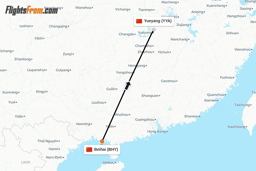 Flights from Beihai to Yueyang route map
