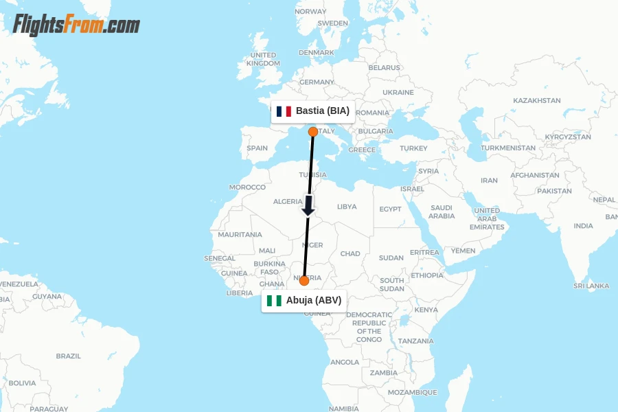 Flights from Bastia to Abuja route map