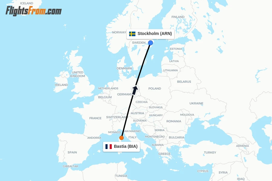 Flights from Bastia to Stockholm route map