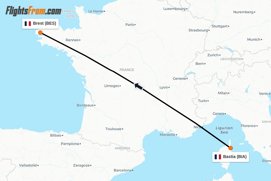 Flights from Bastia to Brest route map