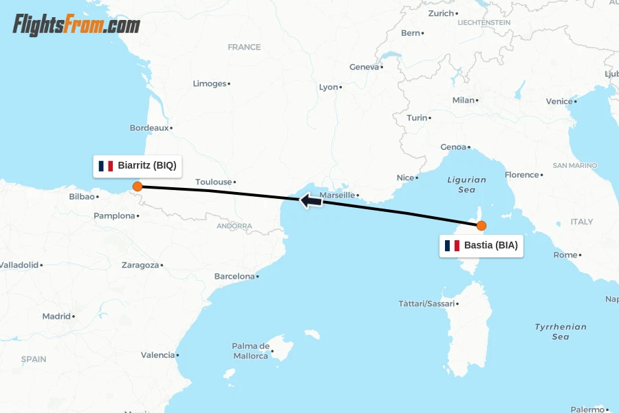 Flights from Bastia to Biarritz route map