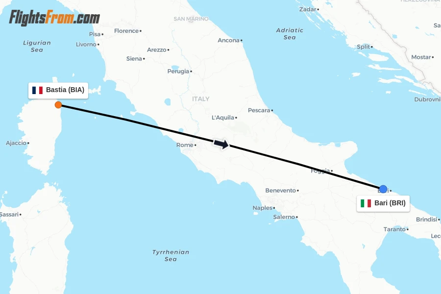 Flights from Bastia to Bari route map