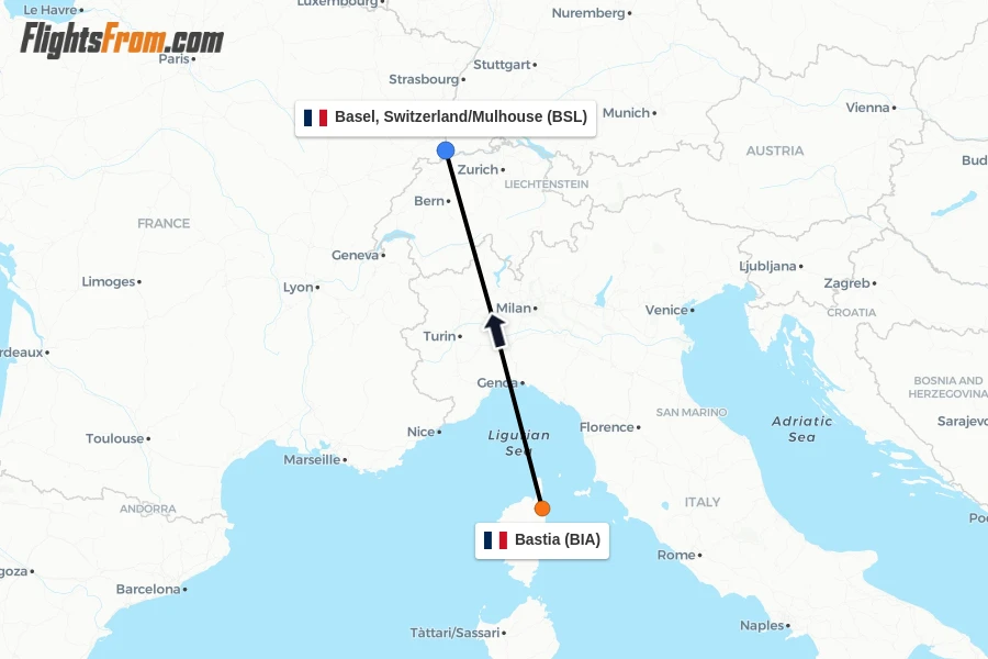 Flights from Bastia to Basel, Switzerland/Mulhouse route map