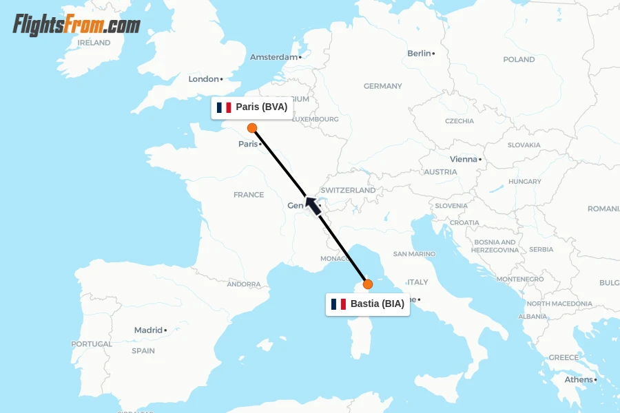 Flights from Bastia to Paris route map