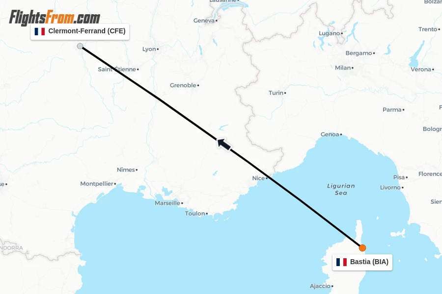 Flights from Bastia to Clermont-Ferrand route map