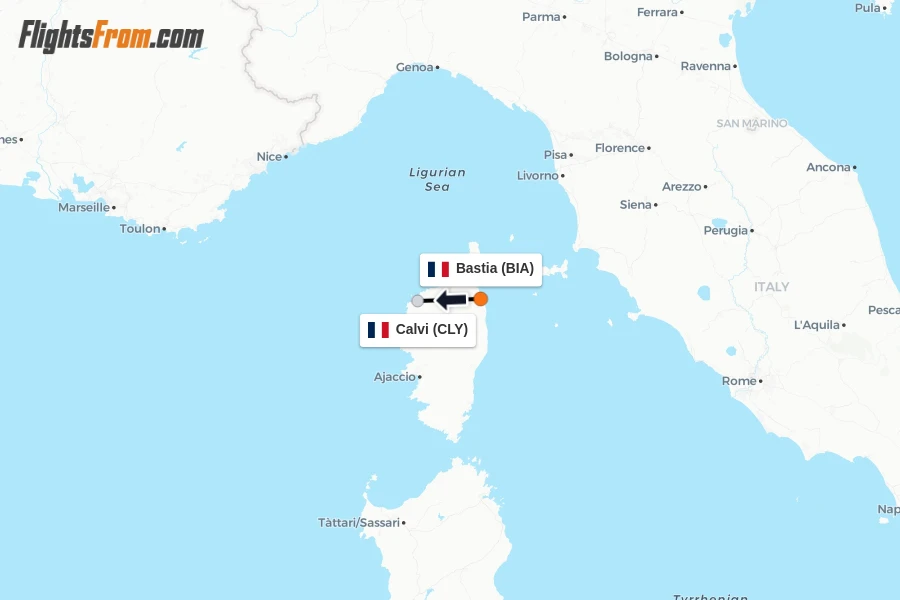Flights from Bastia to Calvi route map