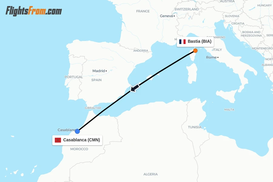 Flights from Bastia to Casablanca route map