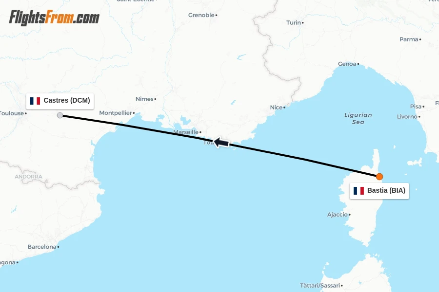 Flights from Bastia to Castres route map