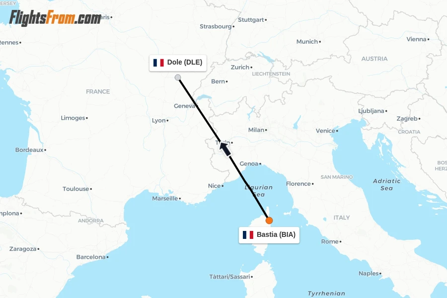Flights from Bastia to Dole route map