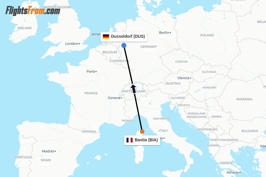 Flights from Bastia to Dusseldorf route map