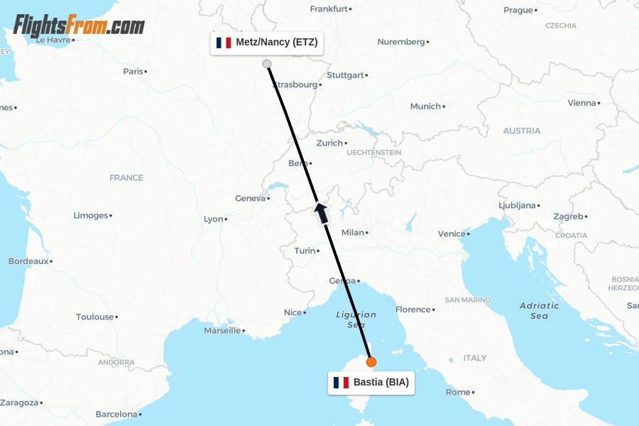 Flights from Bastia to Metz/Nancy route map