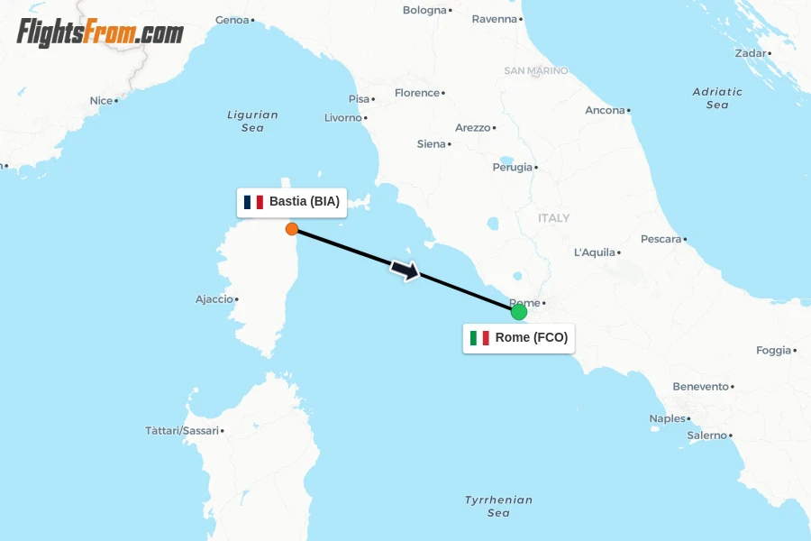 Flights from Bastia to Rome route map
