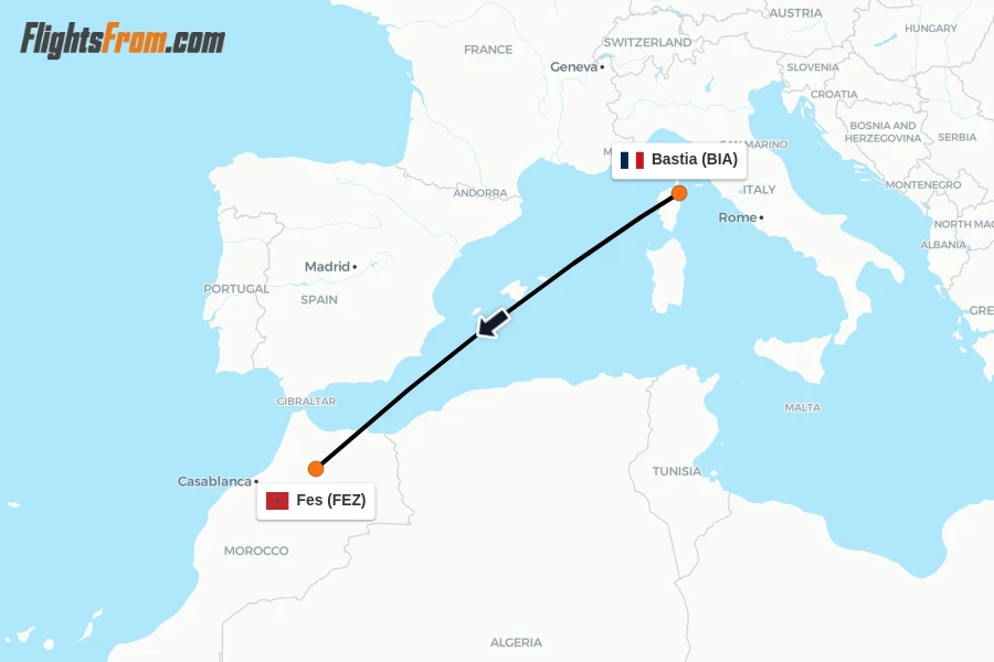 Flights from Bastia to Fes route map