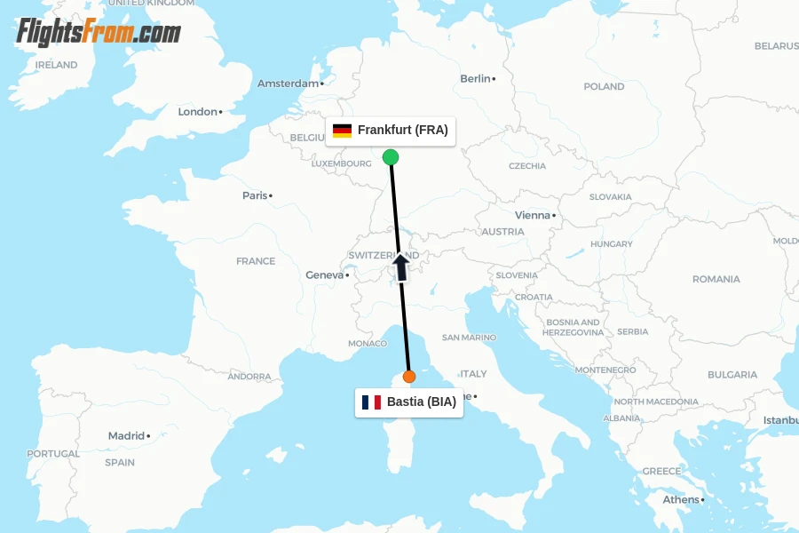 Flights from Bastia to Frankfurt route map