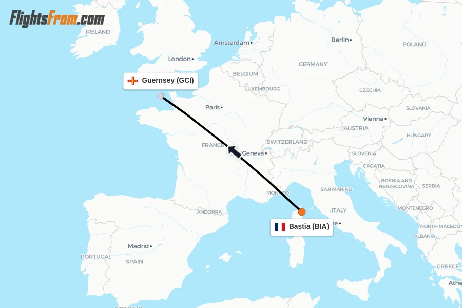 Flights from Bastia to Guernsey route map