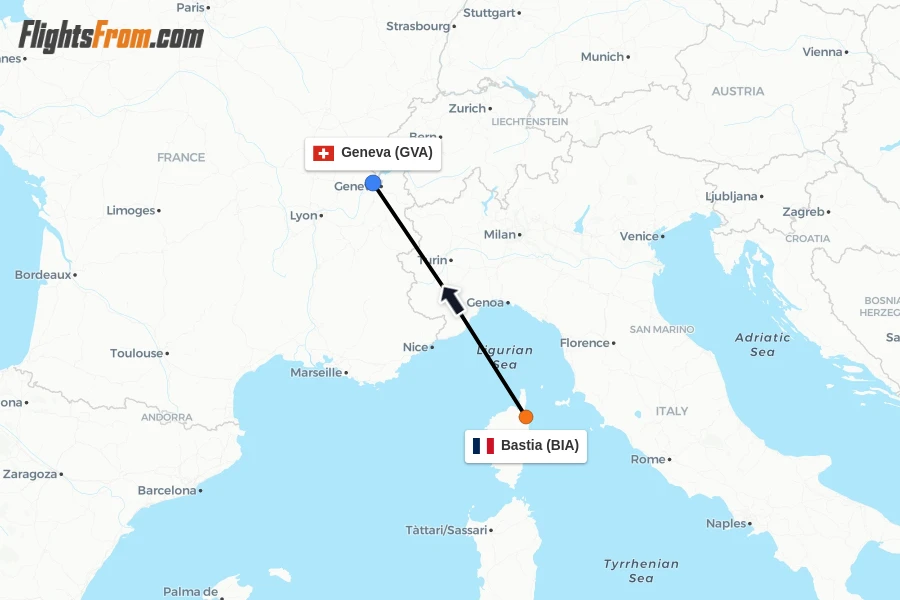 Flights from Bastia to Geneva route map