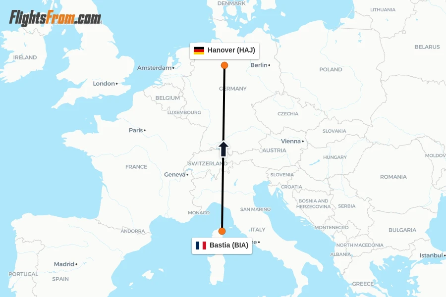Flights from Bastia to Hanover route map
