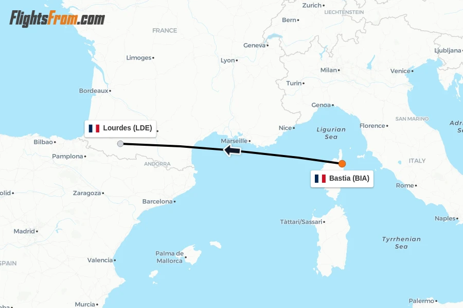 Flights from Bastia to Lourdes route map