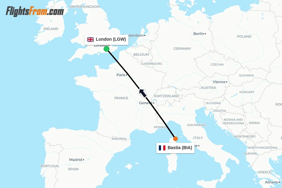 Flights from Bastia to London route map