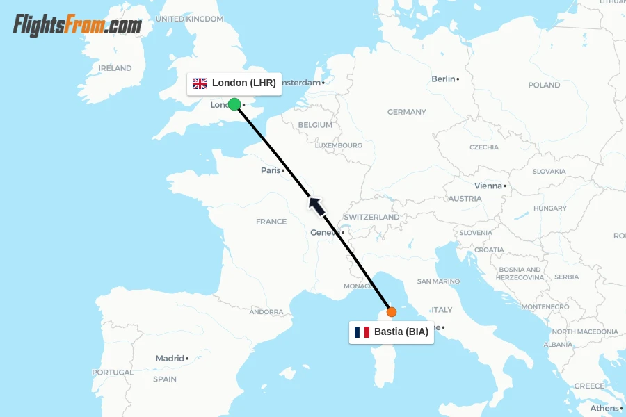 Flights from Bastia to London route map