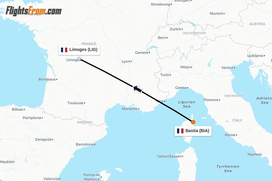 Flights from Bastia to Limoges route map