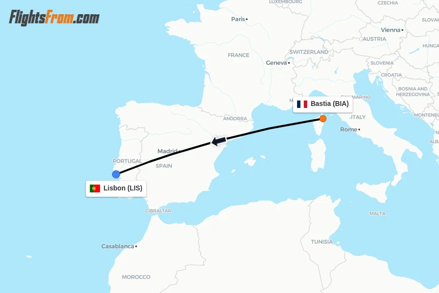Flights from Bastia to Lisbon route map