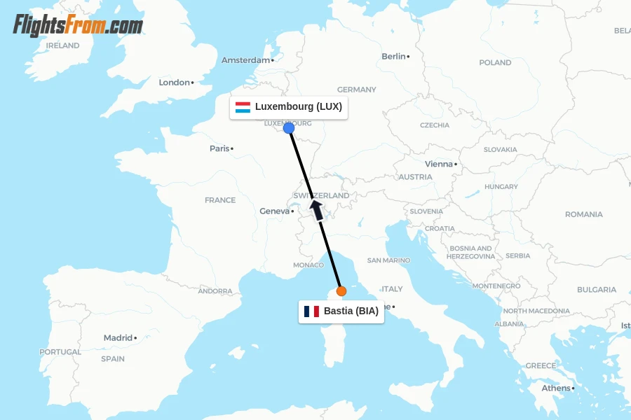 Flights from Bastia to Luxembourg route map