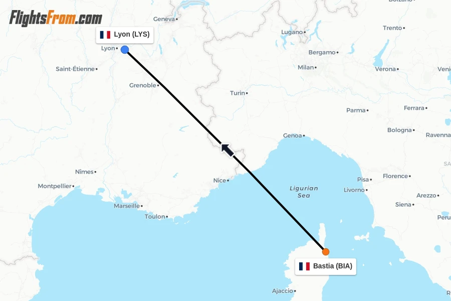 Flights from Bastia to Lyon route map
