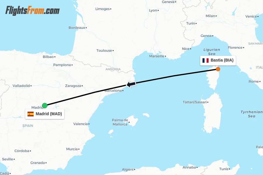 Flights from Bastia to Madrid route map