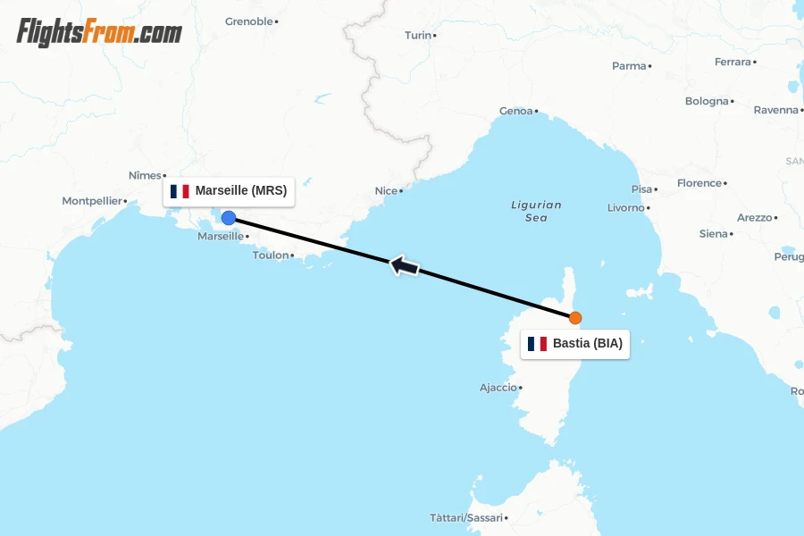 Flights from Bastia to Marseille route map