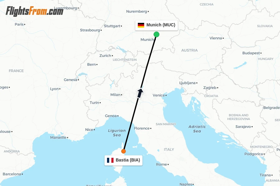 Flights from Bastia to Munich route map