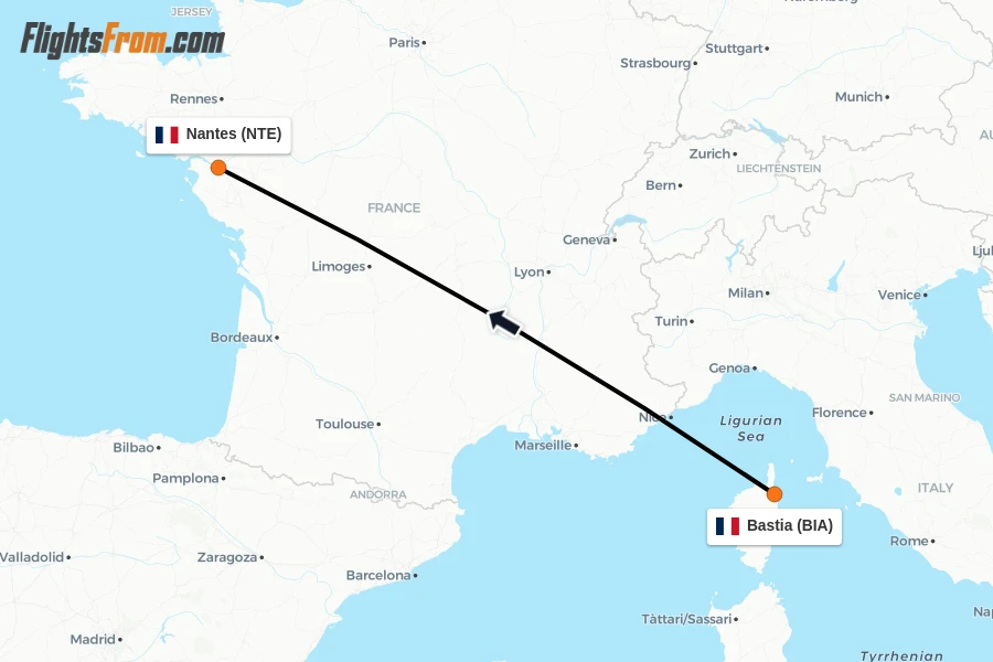 Flights from Bastia to Nantes route map