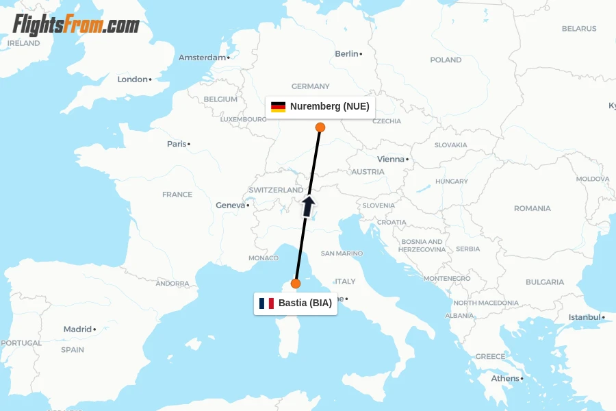 Flights from Bastia to Nuremberg route map