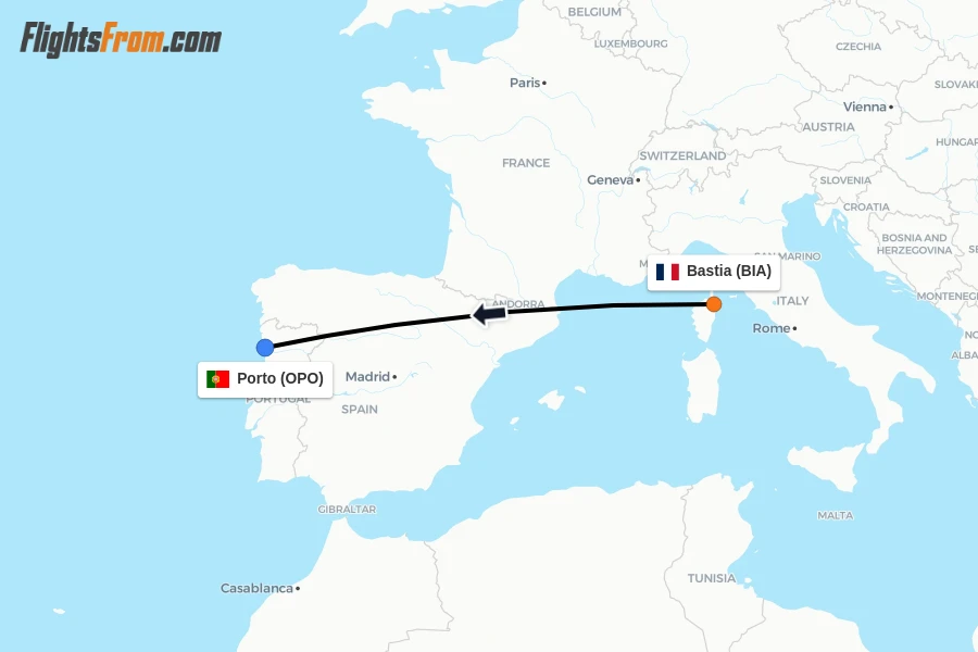 Flights from Bastia to Porto route map
